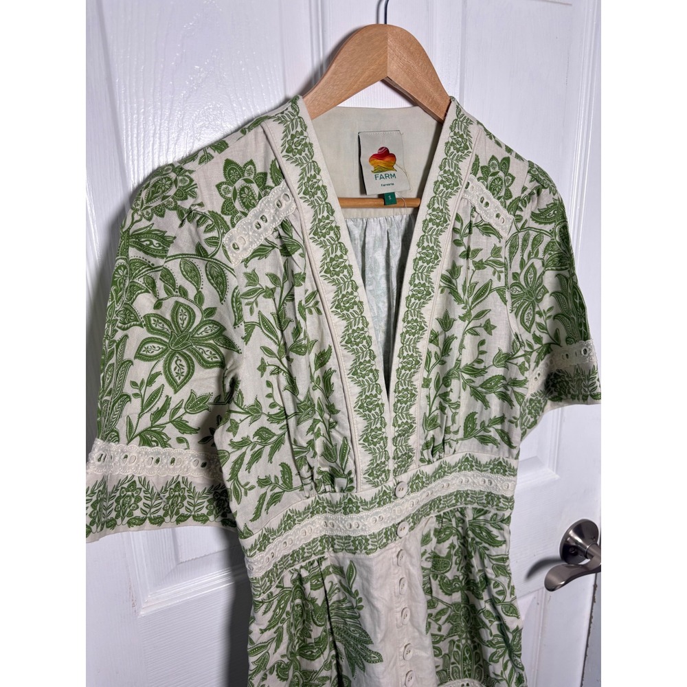 Farm Rio Green White Floral Embroidered Linen Miranda Romper Small - Picture 4 of 7